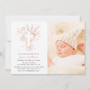 Dusty rose and white florals Baptism photo Invitation