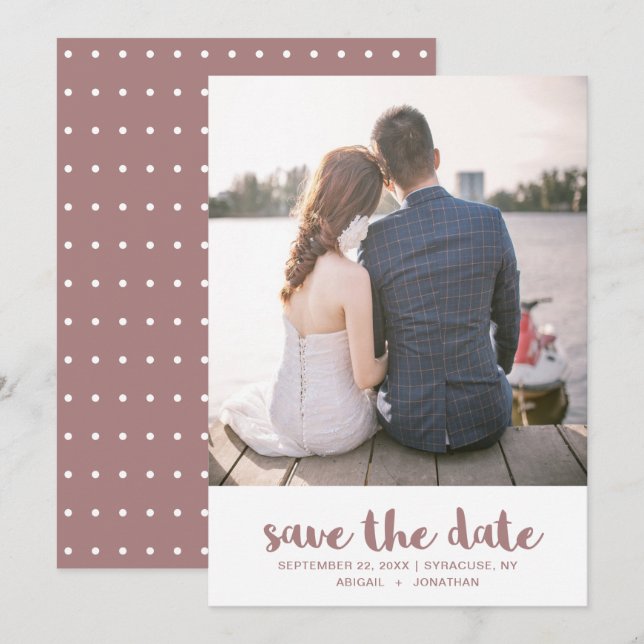 Dusty Rose and White Polka Dots Photo Save The Date (Front/Back)