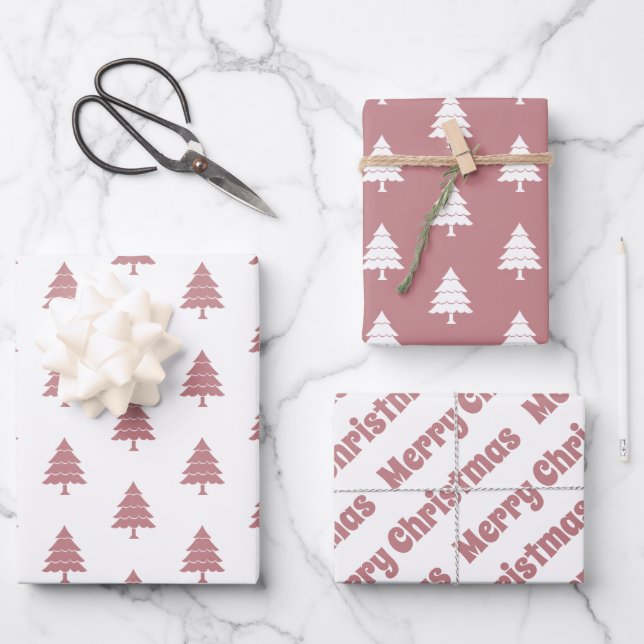 Dusty rose and white trees Merry Christmas holiday Wrapping Paper Sheet (Front)