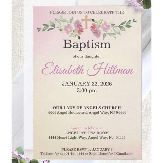 Dusty Rose & Antique Yellow Watercolor Baptism Invitation (Baby girl baptism invitation styled on soft white fabric with delicate blush florals.)