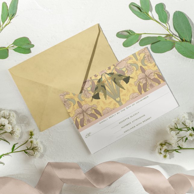 Dusty Rose Art Deco Hummingbirds Wedding RSVP Card (Creator Uploaded)