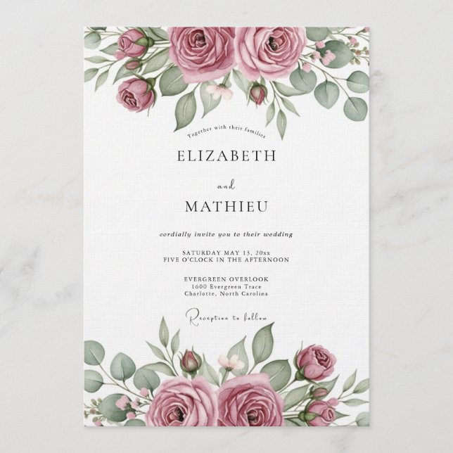 Dusty Rose Artistic Bloom Wedding Invitation (Front)