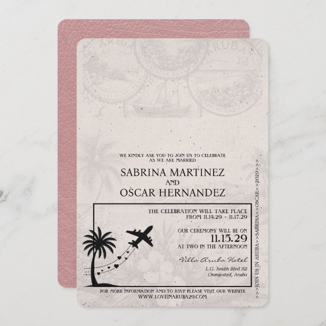 Dusty Rose Aruba Passport Wedding Invitation (Front/Back)