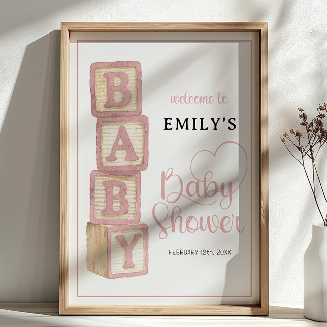 Dusty Rose Baby Blocks Baby Shower Welcome Poster (Baby Shower Welcome Sign)