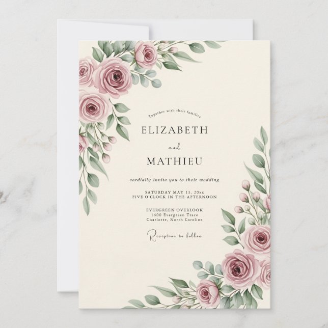 Dusty Rose Bloom Romance Wedding Invitation (Front)