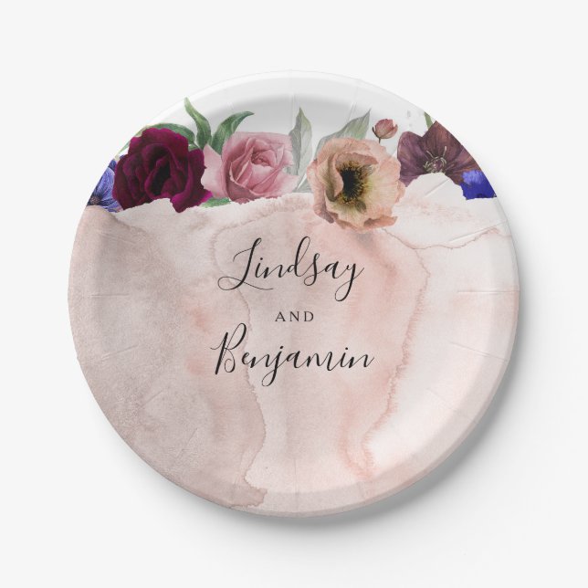 Dusty Rose Blue and Burgundy Red Floral Wedding Paper Plate (Front)
