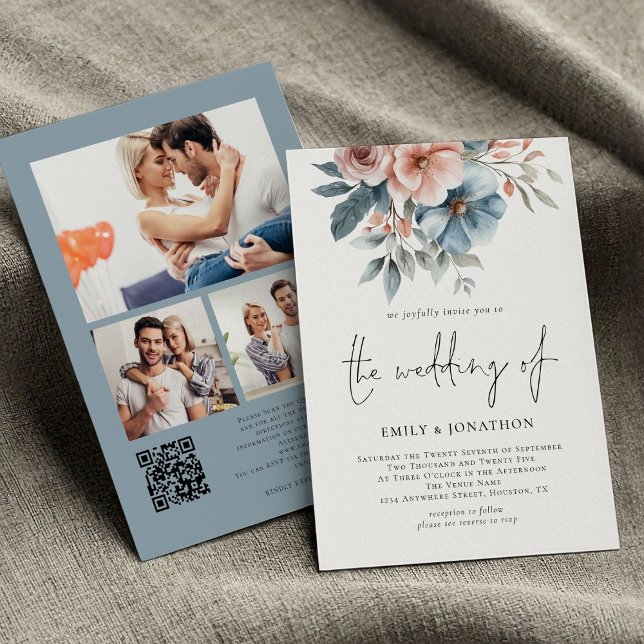 Dusty Rose & Blue Florals 3 Photos QR Code Wedding Invitation (front and back view)