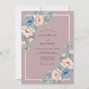 Dusty Rose Blue Romantic Floral Wedding Invitation