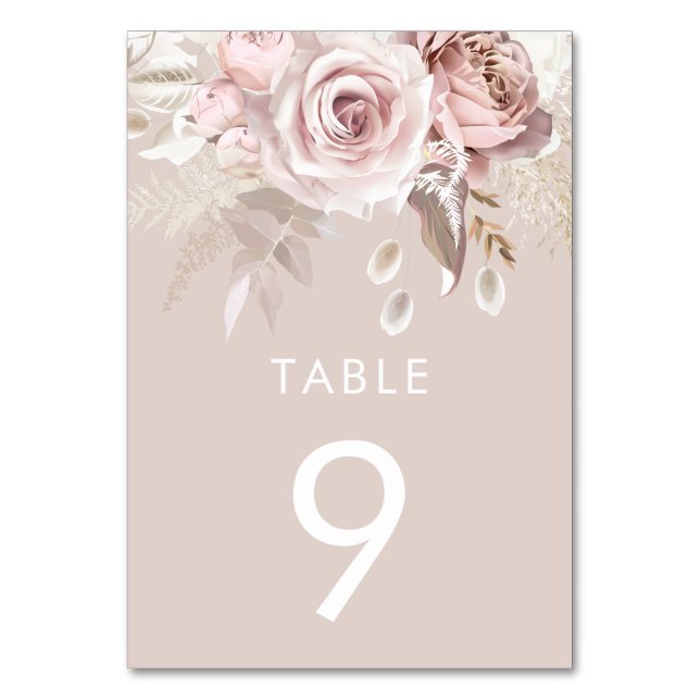 Dusty Rose & Blush Beige Wedding Reception Table Number (Front)