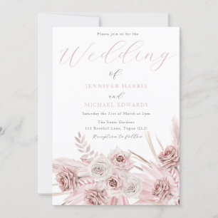 Dusty Rose Blush Boho Flowers Wedding Invitation