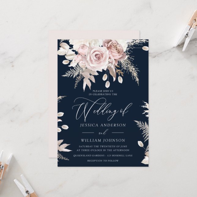 Dusty Rose Blush Boho Pink Floral Wedding Navy Invitation (Front/Back In Situ)