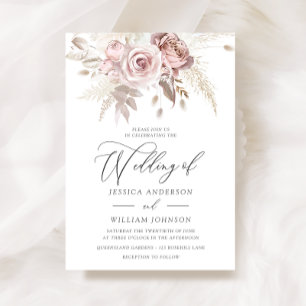 Dusty Rose Blush Boho Pink Ivory Floral Wedding Invitation