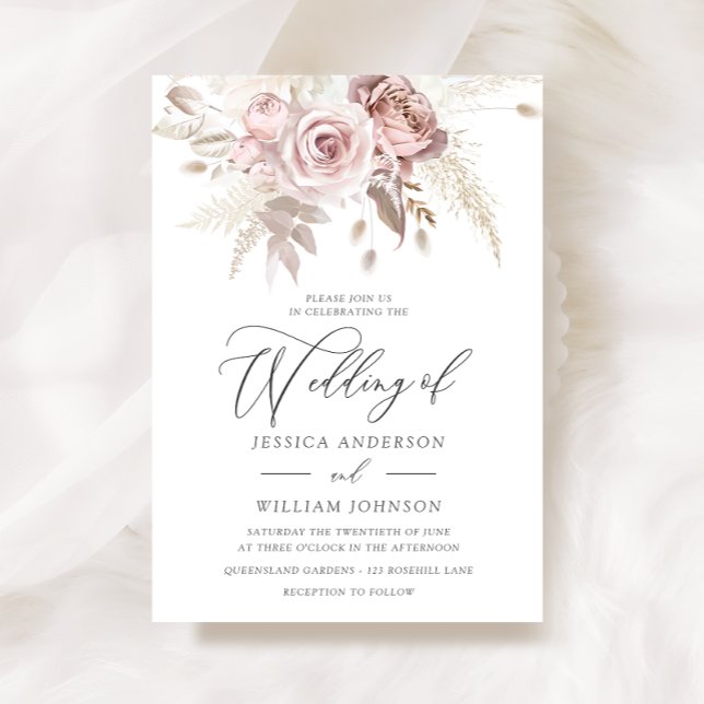 Dusty Rose Blush Boho Pink Ivory Floral Wedding  Invitation (Creator Uploaded)