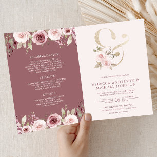 Dusty Rose Blush Floral Ampersand QR Code Wedding Invitation
