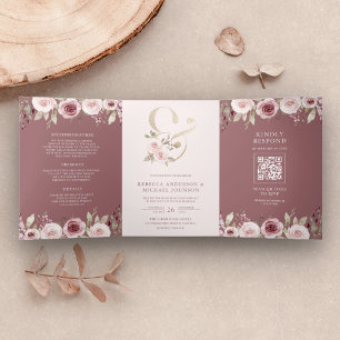 Dusty Rose Blush Floral Ampersand QR Code Wedding Tri-Fold Invitation