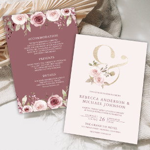 Dusty Rose Blush Floral Ampersand Wedding Invitation