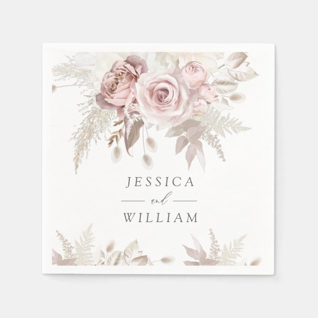 Dusty Rose Blush Ivory Floral Wedding Reception Napkin (Front)