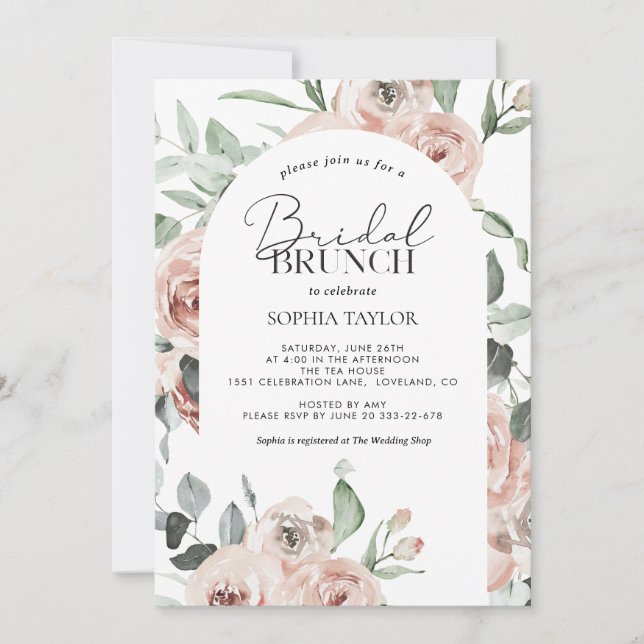 Dusty Rose Blush Pink Eucalyptus Bridal Brunch Invitation (Front)