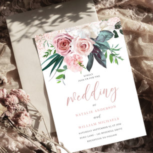 Dusty Rose Blush Pink Floral Wedding Invitation