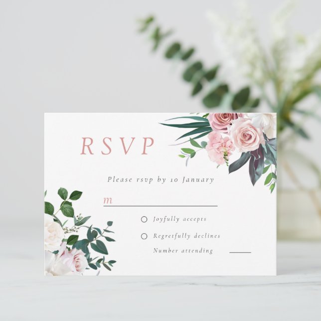 Dusty Rose Blush Pink Floral Wedding RSVP Card (Standing Front)