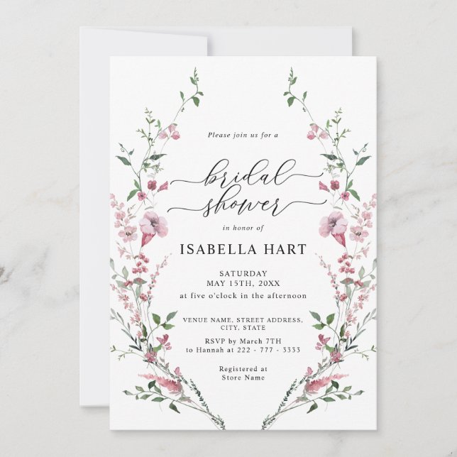 Dusty Rose Blush Pink Wild Flower Bridal Shower Invitation (Front)