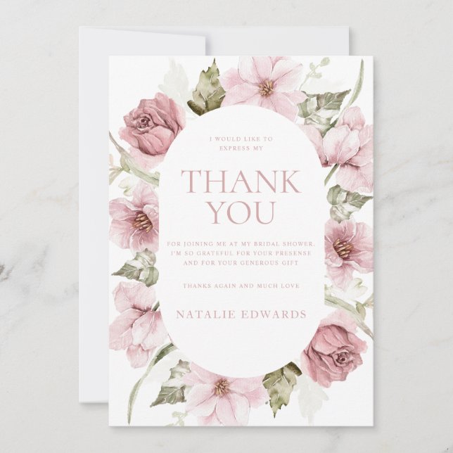 Dusty Rose, Blush & Sage Watercolor Bridal Shower  Thank You Card (Front)
