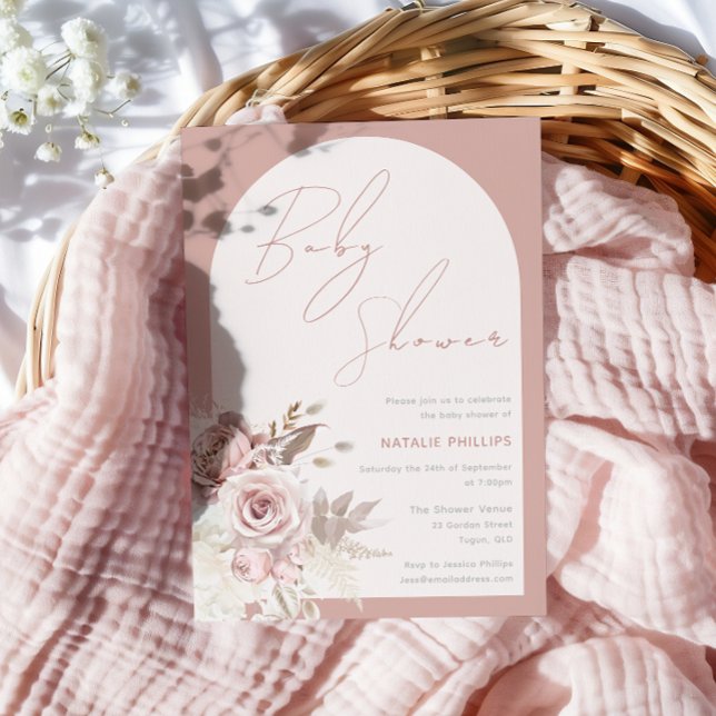 Dusty Rose Boho Arch Blush Floral Baby Shower Invitation (Creator Uploaded)
