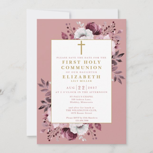 Dusty Rose Boho Floral  First Holy Communion  Save The Date (Front)