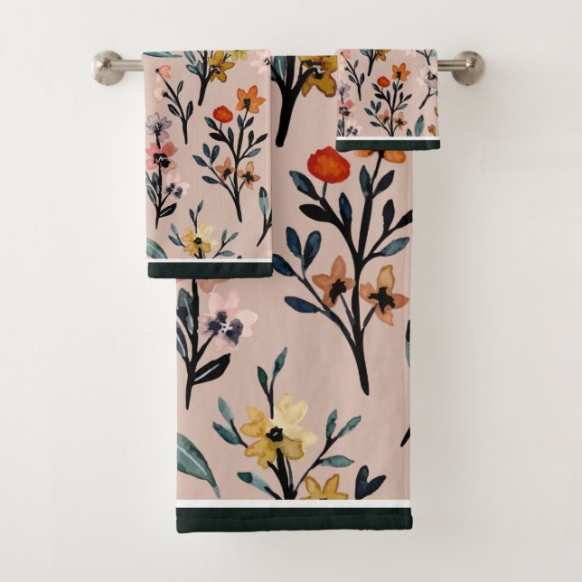 Dusty Rose Boho Floral Watercolor Bath Towel Set (Insitu)