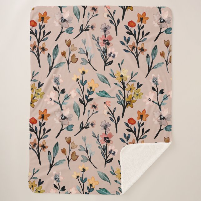 Dusty Rose Boho Floral Watercolor Custom Sherpa Blanket (Front)