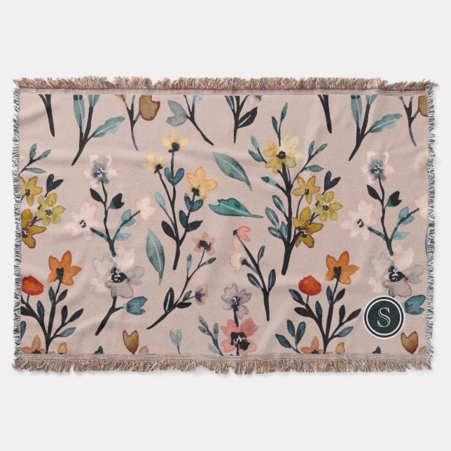Dusty Rose Boho Floral Watercolor Custom Throw Blanket (Front)