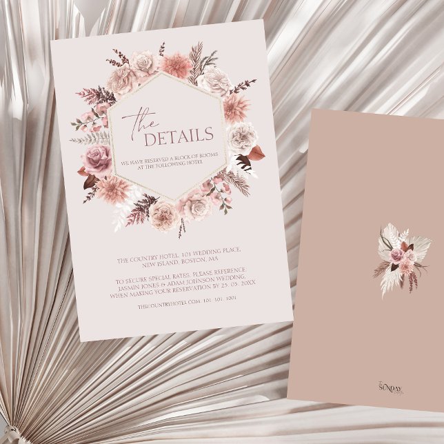 Dusty Rose Boho Pampas Floral Wedding Details Enclosure Card (Boho Dusty Pink Floral Wreath Wedding Details Enclosure Card)