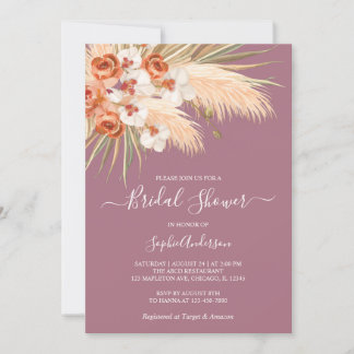 Dusty Rose Boho Pampas Grass Bridal Shower Invitation
