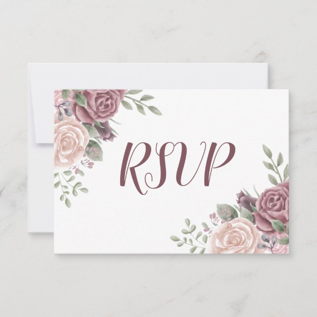 Dusty Rose boho Pink Watercolour Flowers RSVP Card (Front)