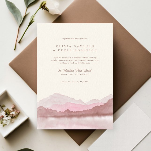 Dusty Rose Boho Watercolor Mountain Photo Wedding Invitation (Creator Uploaded)