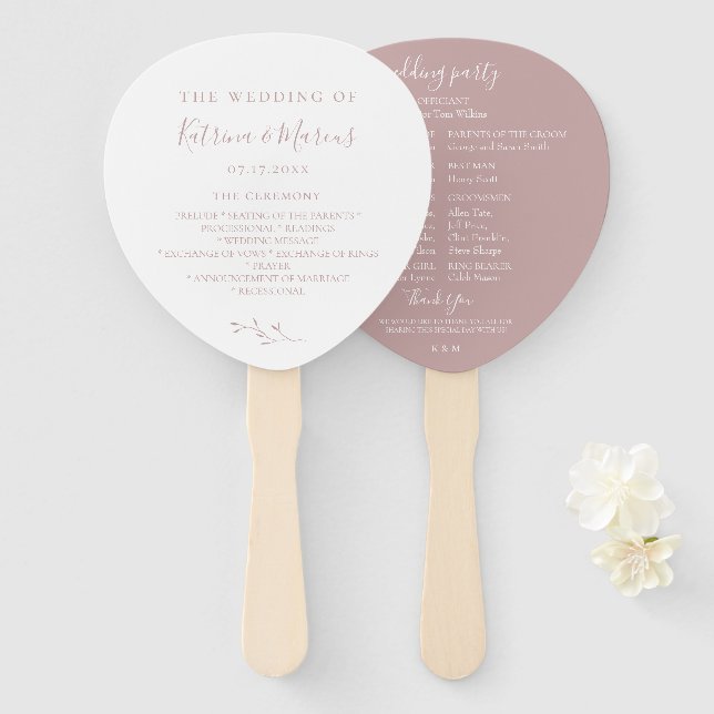 Dusty Rose Botanical Branch Wedding Program Hand Fan (Front and Back)