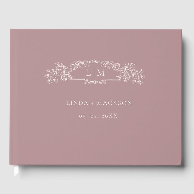 Dusty Rose botanical crest monogram wedding Guest Book (Front)