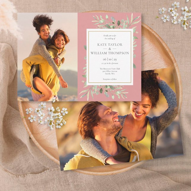 Dusty Rose Botanical Greenery Photos Wedding Invitation (Creator Uploaded)