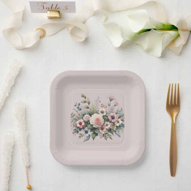 Dusty Rose Botanical Wedding Floral Watercolor Paper Plate (Wedding)