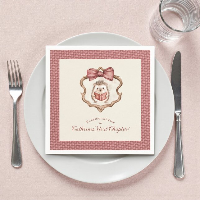 Dusty Rose Bow Hedgehog Reading Baby Shower Napkin (Creator Uploaded)