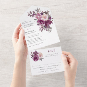 Dusty Rose Burgundy Blush Floral Wedding All In One Invitation