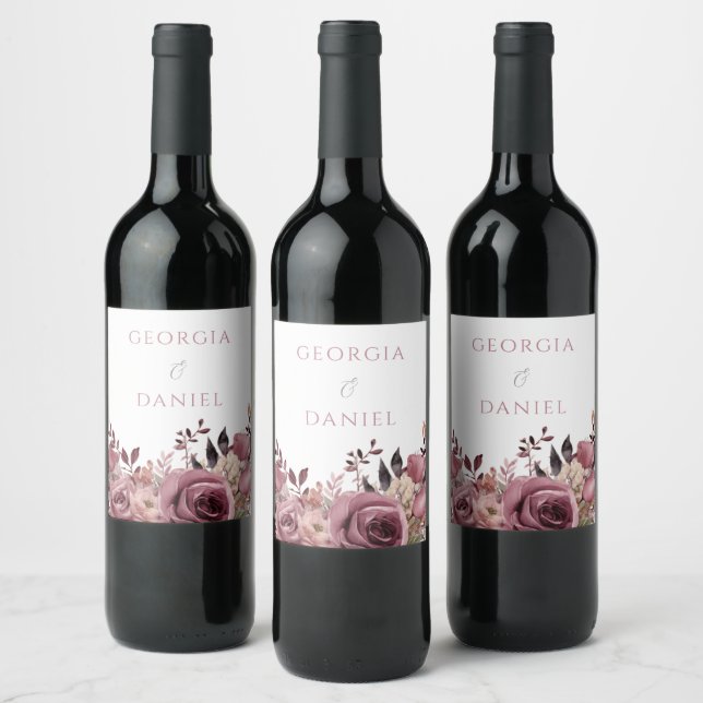 Dusty Rose & Burgundy Boho Floral Wedding Wine Label (Bottles)