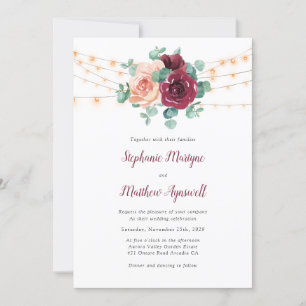 Dusty Rose Burgundy Eucalyptus Lights Wedding Invitation