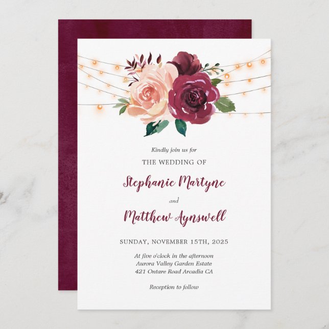 Dusty Rose Burgundy Floral String Lights Wedding Invitation (Front/Back)