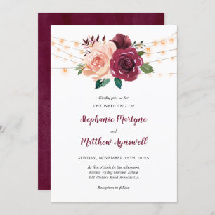 Dusty Rose Burgundy Floral String Lights Wedding Invitation