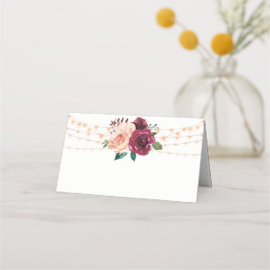 Dusty Rose Burgundy Floral String Lights Wedding Place Card