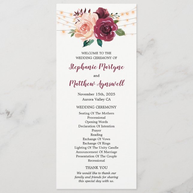 Dusty Rose Burgundy Floral String Lights Wedding Program (Front)