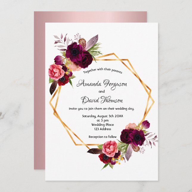Dusty rose burgundy florals gold geometric wedding invitation (Front/Back)