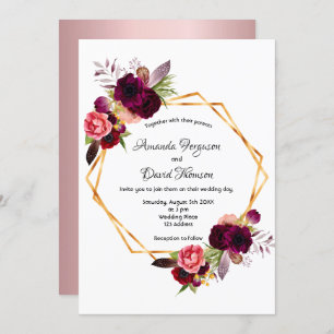 Dusty rose burgundy florals gold geometric wedding invitation