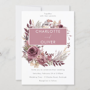 Dusty Rose & Burgundy Wreath Modern Wedding Invitation